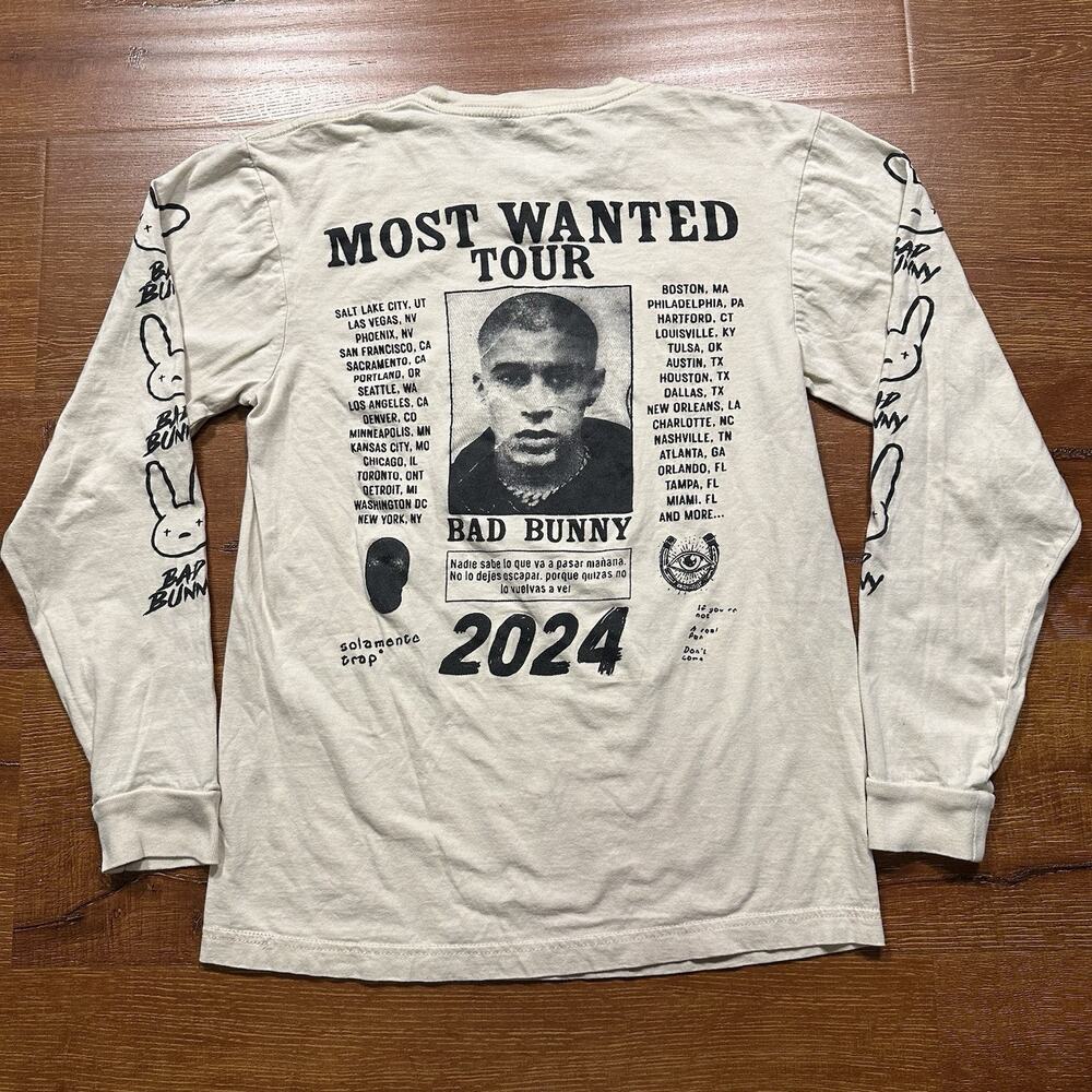 Bad Bunny Most Wanted Tour T Shirt Unisex S Beige Long Sleeve Concert Music City - Picture 2 of 13
